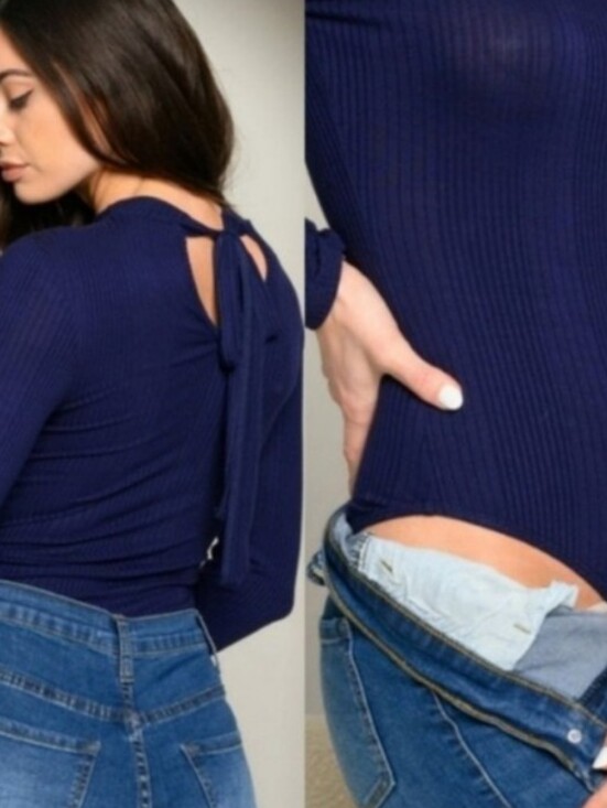 Cherish Tops - Cherish Ribbed Knit Size Large Long Sleeve Bodysuit Navy